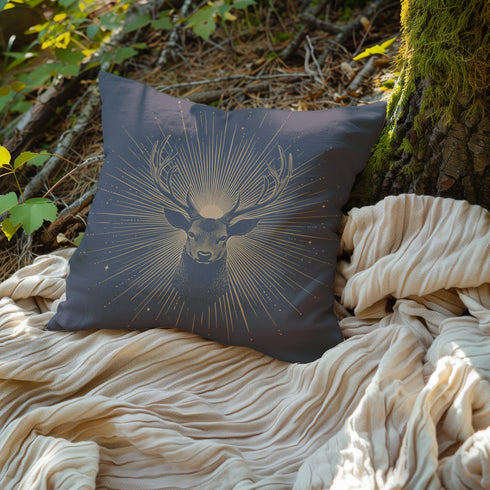A pillow cover showing a noble stag rendered in shimmering beige against navy blue fabric. Fine beige tan rays extend from the deer's head like sunbeams, with scattered stars.